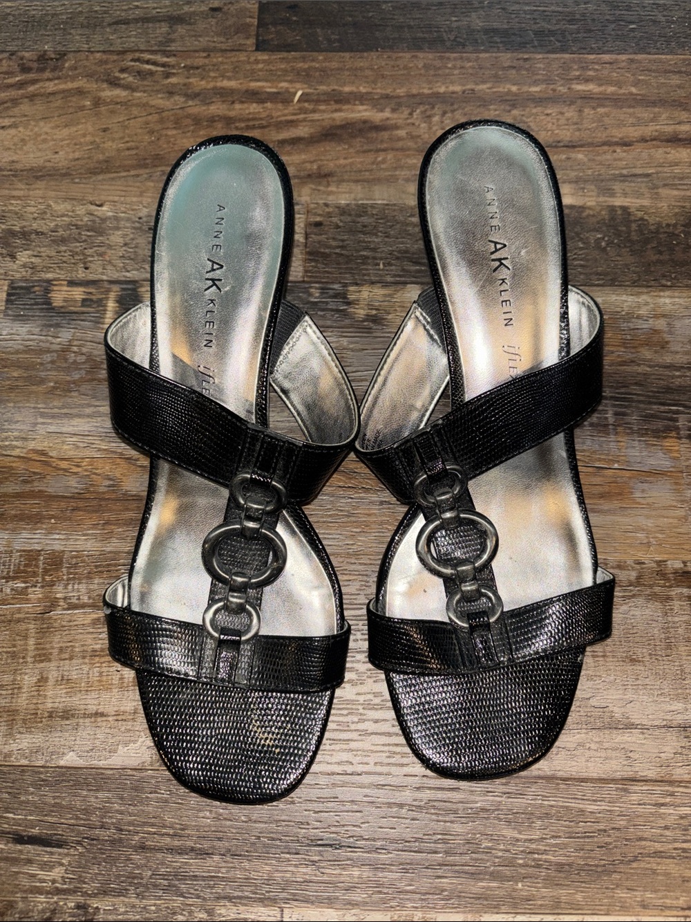 Anne Klein Black Lizard-Textured Slide Heels with Linked Ring Detail